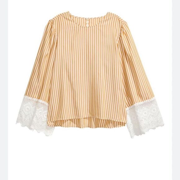 H&M size 10 mustard yellow striped top with bell sleeves wide lace cuffs - Picture 1 of 10